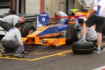 World © Octane Photographic Ltd. GP2 Paddock, Belgian GP, Spa Francorchamps, Thursday 22nd August 2013. Hilmer Motorsport practice pitstop using Robin Frijns's car. Digital Ref : 0781cb7d1710