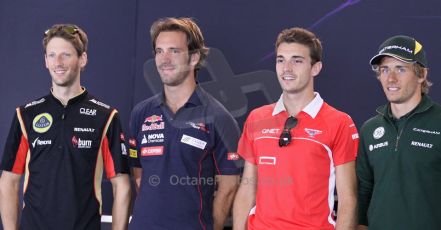 World © Octane Photographic Ltd. F1 Belgian GP - Spa - Francorchamps. Thursday 22nd August 2013. FIA Press Conference. French drivers. Lotus F1 Team E21 - Romain Grosjean, Scuderia Toro Rosso STR8 - Jean-Eric Vergne, Marussia F1 Team MR02 - Jules Bianchi and Caterham F1 Team CT03 - Charles Pic. Digital Ref : 0782lw1d4692