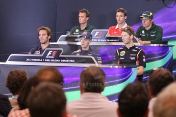 World © Octane Photographic Ltd. F1 Belgian GP - Spa - Francorchamps. Thursday 22nd August 2013. FIA Press Conference. Marussia F1 Team MR02 - Jules Bianchi, Marussia F1 Team MR02 - Jules Bianchi, Caterham F1 Team CT03 - Charles Pic, Scuderia Toro Rosso STR8 - Jean-Eric Vergne, Infiniti Red Bull Racing RB9 - Sebastian Vettel and Lotus F1 Team E21 - Romain Grosjean. Digital Ref : 0782lw1d4696