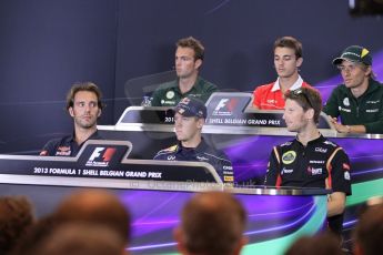 World © Octane Photographic Ltd. F1 Belgian GP - Spa - Francorchamps. Thursday 22nd August 2013. FIA Press Conference. Marussia F1 Team MR02 - Jules Bianchi, Marussia F1 Team MR02 - Jules Bianchi, Caterham F1 Team CT03 - Charles Pic, Scuderia Toro Rosso STR8 - Jean-Eric Vergne, Infiniti Red Bull Racing RB9 - Sebastian Vettel and Lotus F1 Team E21 - Romain Grosjean. Digital Ref : 0782lw1d4700