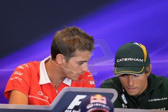 World © Octane Photographic Ltd. F1 Belgian GP - Spa - Francorchamps. Thursday 22nd August 2013. FIA Press Conference. Marussia F1 Team MR02 - Jules Bianchi talking with Caterham F1 Team driver Charles Pic. Digital Ref : 0782lw1d7124