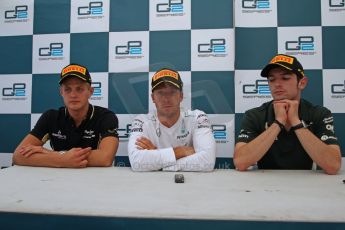 World © Octane Photographic Ltd. GP2 Belgian GP, Spa Francorchamps, Saturday 24th August 2013. Race 1 press conference. Sam Bird - Russian TIME, Marcus Ericsson - DAMS, Alexander Rossi - EQ8 Caterham Racing. Digital Ref : 0794cb7d3090