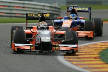 World © Octane Photographic Ltd. GP2 Belgian GP, Spa Francorchamps, Saturday 24th August 2013. Race 1. Dani Clos - MP Motorsport and Adrian Quaife-Hobbs - Hilmer Motorsport. Digital Ref : 0794lw1d9689