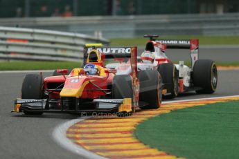 World © Octane Photographic Ltd. GP2 Belgian GP, Spa Francorchamps, Saturday 24th August 2013. Race 1. Fabio Leimer- Racing Engineering and James Calado – ART Grand Prix. Digital Ref: 0794lw1d9829