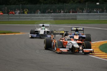World © Octane Photographic Ltd. GP2 Belgian GP, Spa Francorchamps, Saturday 24th August 2013. Race 1. Dani Clos - MP Motorsport and Adrian Quaife-Hobbs - Hilmer Motorsport. Digital Ref : 0794lw1dx9660