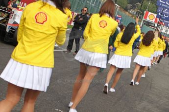 World © Octane Photographic Ltd. GP2 Belgian GP, Spa Francorchamps, Sunday 25th August 2013. Race 2. The Shell grid girls file back into the pitane. Digital Ref : 0796cb7d3349