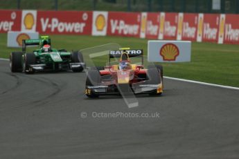 World © Octane Photographic Ltd. GP2 Belgian GP, Spa Francorchamps, Sunday 25th August 2013. Race 2 green flag lap. Fabio Leimer - Racing Engineering and Alexander Rossi – EQ8 Caterham Racing. Digital Ref : 0796lw1d0227