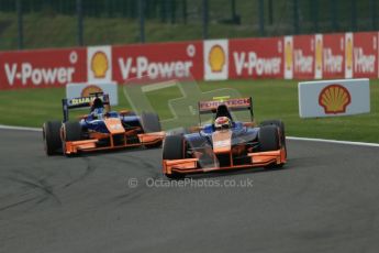 World © Octane Photographic Ltd. GP2 Belgian GP, Spa Francorchamps, Sunday 25th August 2013. Race 2 green flag lap. Robin Frijns and Adrian Quaife-Hobbs - Hilmer Motorsport. Digital Ref : 0796lw1d0238