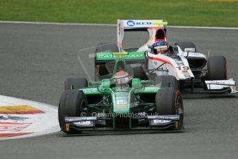 World © Octane Photographic Ltd. GP2 Belgian GP, Spa Francorchamps, Sunday 25th August 2013. Race 2. Alexander Rossi – EQ8 Caterham Racing and Simon Trummer – Rapax. Digital Ref : 0796lw1d0415