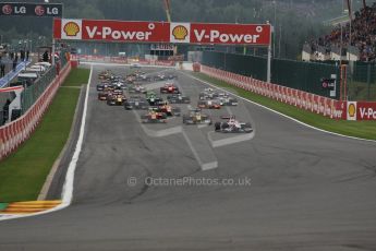 World © Octane Photographic Ltd. GP2 Belgian GP, Spa Francorchamps, Sunday 25th August 2013. Race 2. James Calado – ART Grand Prix leads the pack into turn 1 on the opening lap. Digital Ref : 0796lw1d9931