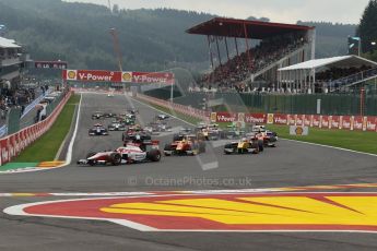 World © Octane Photographic Ltd. GP2 Belgian GP, Spa Francorchamps, Sunday 25th August 2013. Race 2. James Calado – ART Grand Prix leads the pack into turn 1 on the opening lap. Digital Ref : 0796lw1d9941