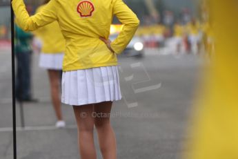 World © Octane Photographic Ltd. GP3 Belgian GP - Race 2, Spa Francorchamps, Sunday 25th August 2013. The grid girls stand ready on the podium as the safety car enters the grid. Digital ref : 0799cb7d3194