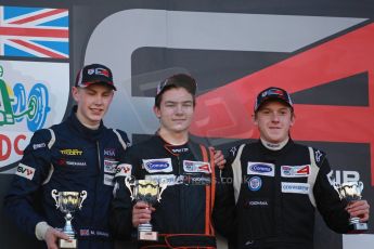 World © Octane Photographic Ltd. Brands Hatch, Race 1 Podium , Saturday 23rd November 2013. BRDC Formula 4 Winter Series, MSV F4-13, Will Palmer (1st) – HHC Motorsport, Matthew (Matty) Graham (2nd) – Douglas Motorsport and Jack Cook (3rd) – Hillspeed. Digital Ref : 0864lw1d6811