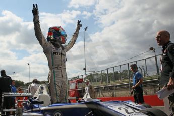 World © Octane Photographic Ltd. British Formula 3 – Brands Hatch. Saturday 10th August 2013 – Race 1. Race winner Jazeman Jaafar celebrates in parc ferme– Carlin – Dallara F312 Volkswagen. Digital Ref : 0777cb1d3956