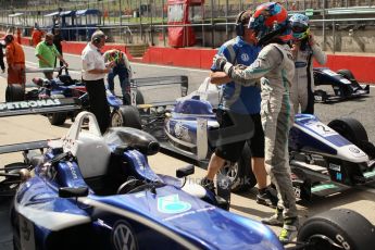 World © Octane Photographic Ltd. British Formula 3 – Brands Hatch. Saturday 10th August 2013 – Race 1. Race winner Jazeman Jaafar celebrates in parc ferme– Carlin – Dallara F312 Volkswagen. Digital Ref : 0777cb1d3973