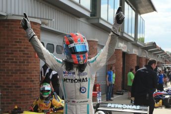 World © Octane Photographic Ltd. British Formula 3 – Brands Hatch. Saturday 10th August 2013 – Race 1. Race winner Jazeman Jaafar celebrates in parc ferme– Carlin – Dallara F312 Volkswagen. Digital Ref : 0777lw1d6472