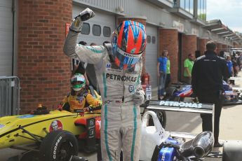 World © Octane Photographic Ltd. British Formula 3 – Brands Hatch. Saturday 10th August 2013 – Race 1. Race winner Jazeman Jaafar celebrates in parc ferme– Carlin – Dallara F312 Volkswagen. Digital Ref : 0777lw1d6475