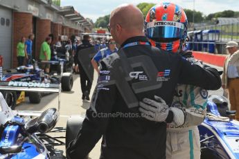 World © Octane Photographic Ltd. British Formula 3 – Brands Hatch. Saturday 10th August 2013 – Race 1. Race winner Jazeman Jaafar celebrates in parc ferme– Carlin – Dallara F312 Volkswagen. Digital Ref : 0777lw1d6483