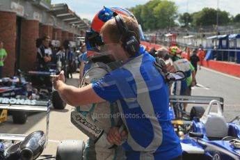 World © Octane Photographic Ltd. British Formula 3 – Brands Hatch. Saturday 10th August 2013 – Race 1. Race winner Jazeman Jaafar celebrates in parc ferme– Carlin – Dallara F312 Volkswagen. Digital Ref : 0777lw1d6492