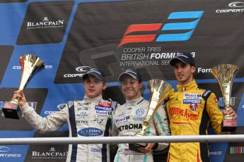 World © Octane Photographic Ltd. British Formula 3 – Brands Hatch. Saturday 10th August 2013 – Race 1. Race winner Jazeman Jaafar (Carlin) with 2nd place Jordan King (Carlin) and Antonio Giovinazzi (Double R). Digital Ref : 0777lw7d1261