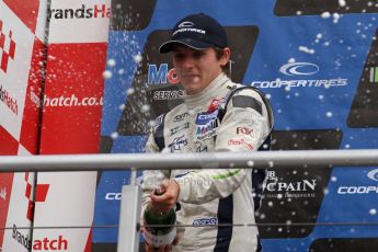 World © Octane Photographic Ltd. British Formula 3 – Brands Hatch. Saturday 10th August 2013 – Race 1. Jordan King celebrates his 2nd place in the podium – Carlin – Dallara F312 Volkswagen. Digital Ref : 0777lw7d1267