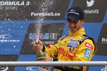 World © Octane Photographic Ltd. British Formula 3 – Brands Hatch. Saturday 10th August 2013 – Race 1. Antonio Giovinazzi celebrates his 3rd place on the podium – Double R – Dallara F312 HWA Mercedes. Digital Ref : 0777lw7d1276