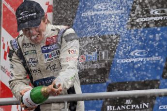 World © Octane Photographic Ltd. British Formula 3 – Brands Hatch. Saturday 10th August 2013 – Race 1. Jordan King celebrates his 2nd place in the podium – Carlin – Dallara F312 Volkswagen. Digital Ref : 0777lw7d1301