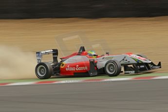 World © Octane Photographic Ltd. British Formula 3 – Brands Hatch. Saturday 11th August 2013 – Race 2. Felipe Lopes Guimaraes has a scare in the gravel at the bottom of Paddock Hill – Fortec Motorsport – Dallara F312 HWA Mercedes. Digital Ref :