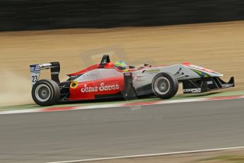 World © Octane Photographic Ltd. British Formula 3 – Brands Hatch. Saturday 11th August 2013 – Race 2. Felipe Lopes Guimaraes has a scare in the gravel at the bottom of Paddock Hill – Fortec Motorsport – Dallara F312 HWA Mercedes. Digital Ref :