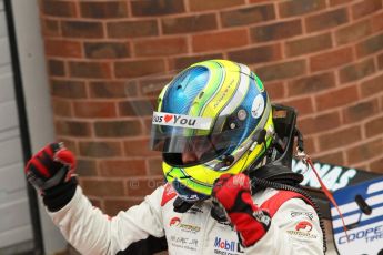 World © Octane Photographic Ltd. British Formula 3 – Brands Hatch. Saturday 11th August 2013 – Race 2. Race winner Felipe Lopes Guimaraes celebrates in parc ferme – Fortec Motorsport – Dallara F312 HWA Mercedes. Digital Ref :