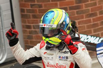 World © Octane Photographic Ltd. British Formula 3 – Brands Hatch. Saturday 11th August 2013 – Race 2. Race winner Felipe Lopes Guimaraes celebrates in parc ferme – Fortec Motorsport – Dallara F312 HWA Mercedes. Digital Ref :