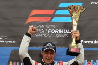 World © Octane Photographic Ltd. British Formula 3 – Brands Hatch. Saturday 11th August 2013 – Race 2. International championship podium - Felipe Lopes Guimaraes (Fortec Motorsport) celebrates. Digital Ref :