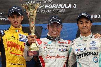 World © Octane Photographic Ltd. British Formula 3 – Brands Hatch. Saturday 11th August 2013 – Race 2. International championship podium - Felipe Lopes Guimaraes (Fortec Motorsport), Antonio Giovinazzi – (Double R) and Jazeman Jaafar (Carlin). Digital Ref :