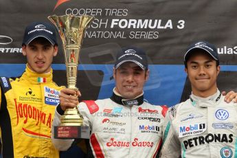 World © Octane Photographic Ltd. British Formula 3 – Brands Hatch. Saturday 11th August 2013 – Race 2. International championship podium - Felipe Lopes Guimaraes (Fortec Motorsport), Antonio Giovinazzi – (Double R) and Jazeman Jaafar (Carlin). Digital Ref :