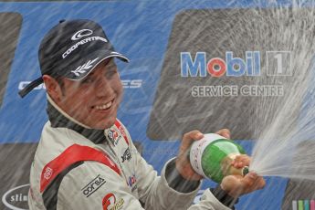 World © Octane Photographic Ltd. British Formula 3 – Brands Hatch. Saturday 11th August 2013 – Race 2. International championship podium - Felipe Lopes Guimaraes (Fortec Motorsport) celebrates. Digital Ref :