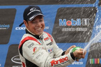 World © Octane Photographic Ltd. British Formula 3 – Brands Hatch. Saturday 11th August 2013 – Race 2. International championship podium - Felipe Lopes Guimaraes (Fortec Motorsport) celebrates. Digital Ref :