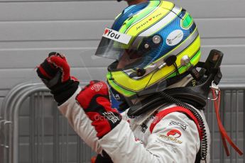 World © Octane Photographic Ltd. British Formula 3 – Brands Hatch. Saturday 11th August 2013 – Race 2. Race winner Felipe Lopes Guimaraes celebrates in parc ferme – Fortec Motorsport – Dallara F312 HWA Mercedes. Digital Ref :