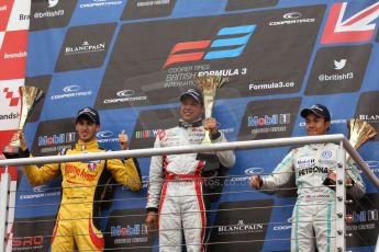 World © Octane Photographic Ltd. British Formula 3 – Brands Hatch. Saturday 11th August 2013 – Race 2. International championship podium - Felipe Lopes Guimaraes (Fortec Motorsport), Antonio Giovinazzi – (Double R) and Jazeman Jaafar (Carlin). Digital Ref :