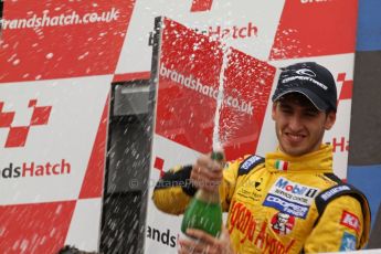 World © Octane Photographic Ltd. British Formula 3 – Brands Hatch. Saturday 11th August 2013 – Race 2. International championship podium - Antonio Giovinazzi – (Double R) celebrates. Digital Ref :