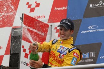 World © Octane Photographic Ltd. British Formula 3 – Brands Hatch. Saturday 11th August 2013 – Race 2. International championship podium - Antonio Giovinazzi – (Double R) celebrates. Digital Ref :