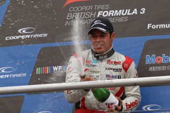 World © Octane Photographic Ltd. British Formula 3 – Brands Hatch. Saturday 11th August 2013 – Race 2. International championship podium - Felipe Lopes Guimaraes (Fortec Motorsport) celebrates. Digital Ref :