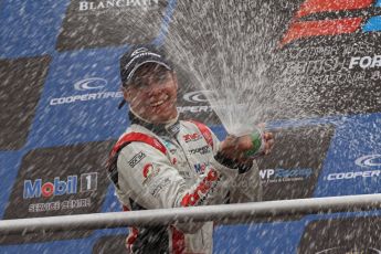 World © Octane Photographic Ltd. British Formula 3 – Brands Hatch. Saturday 11th August 2013 – Race 2. International championship podium - Felipe Lopes Guimaraes (Fortec Motorsport) celebrates. Digital Ref :