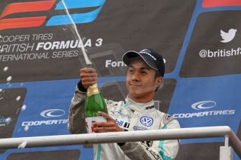 World © Octane Photographic Ltd. British Formula 3 – Brands Hatch. Saturday 11th August 2013 – Race 2. International championship podium - Jazeman Jaafar (Carlin) celebrates. Digital Ref :