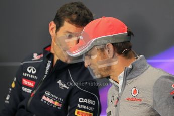World © Octane Photographic Ltd. F1 British GP - Silverstone, Thrusday 27th June 2013. Vodafone McLaren Mercedes - Jenson Button taking with Mark Webber - Infiniti Red Bull Racing. Digital Ref : 0723lw7dx0022