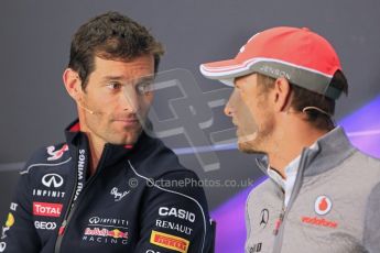 World © Octane Photographic Ltd. F1 British GP - Silverstone, Thrusday 27th June 2013. Vodafone McLaren Mercedes - Jenson Button taking with Mark Webber - Infiniti Red Bull Racing. Digital Ref : 0723lw7dx0039