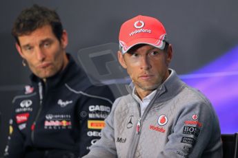World © Octane Photographic Ltd. F1 British GP - Silverstone, Thursday 27th June 2013. Vodafone McLaren Mercedes - Jenson Button and Infiniti Red Bull Racing - Mark Webber. Digital Ref : 0723lw7dx0187