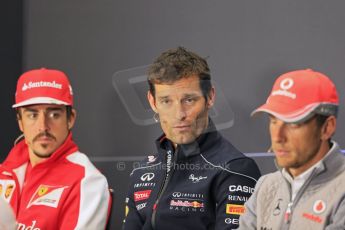 World © Octane Photographic Ltd. F1 British GP - Silverstone, Thursday 27th June 2013. Vodafone McLaren Mercedes - Jenson Button, Infiniti Red Bull Racing - Mark Webber and Scuderia Ferrari - Fernando Alonso. Digital Ref : 0723lw7dx0198