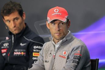 World © Octane Photographic Ltd. F1 British GP - Silverstone, Thursday 27th June 2013. Vodafone McLaren Mercedes - Jenson Button and Infiniti Red Bull Racing  - Mark Webber. Digital Ref : 0723lw7dx0207