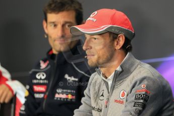 World © Octane Photographic Ltd. F1 British GP - Silverstone, Thursday 27th June 2013. Vodafone McLaren Mercedes - Jenson Button and Infiniti Red Bull Racing - Mark Webber. Digital Ref : 0723lw7dx0293