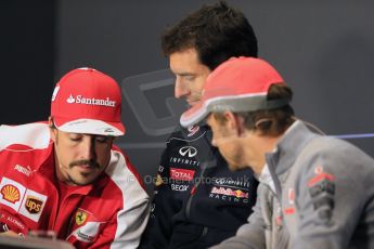World © Octane Photographic Ltd. F1 British GP - Silverstone, Thursday 27th June 2013. Vodafone McLaren Mercedes - Jenson Button, Infiniti Red Bull Racing - Mark Webber and Scuderia Ferrari - Fernando Alonso. Digital Ref : 0723lw7dx0308